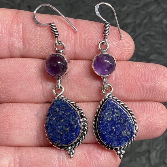 Amethyst and Lapis Lazuli Earrings Stone Crystal Jewelry - Picture 3 of 9